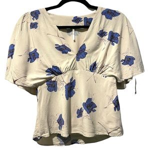 Free People Short Sleeve Floral Boho V Neck Shirt Top